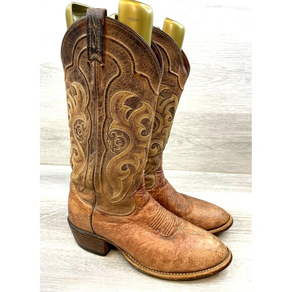 Tony Lama Men's Brown Leather Western Cowboy Boots Square 8 Square Toe Pull On - Picture 1 of 15
